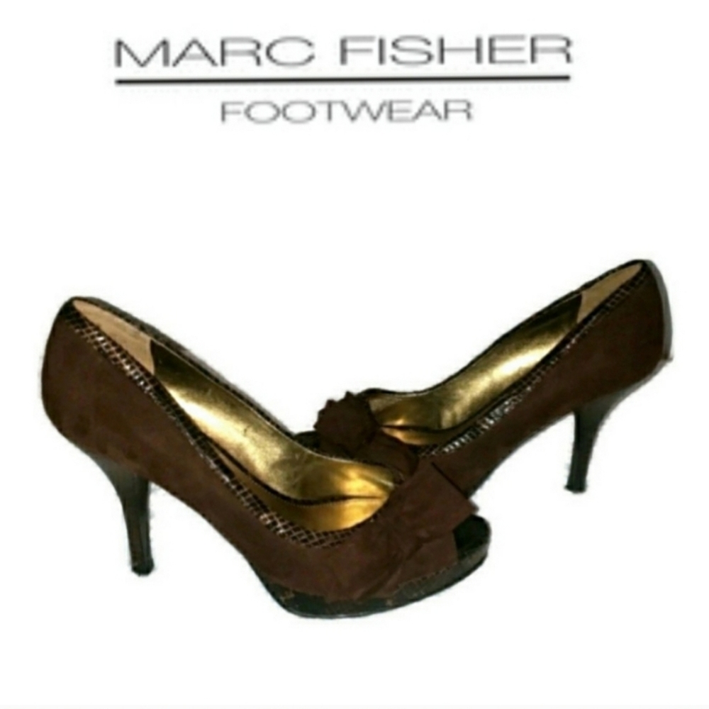 Marc Fisher womans size 8 brown suede peep toe heels with side bow detail